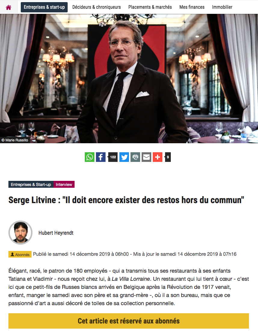 Page Internet. Dossier Lalibre. Serge Litvine - Il doit encore exister des restos hors du commun, interview par Hubert Heyrendt. Photo © Marie Russillo. 2019-12-14